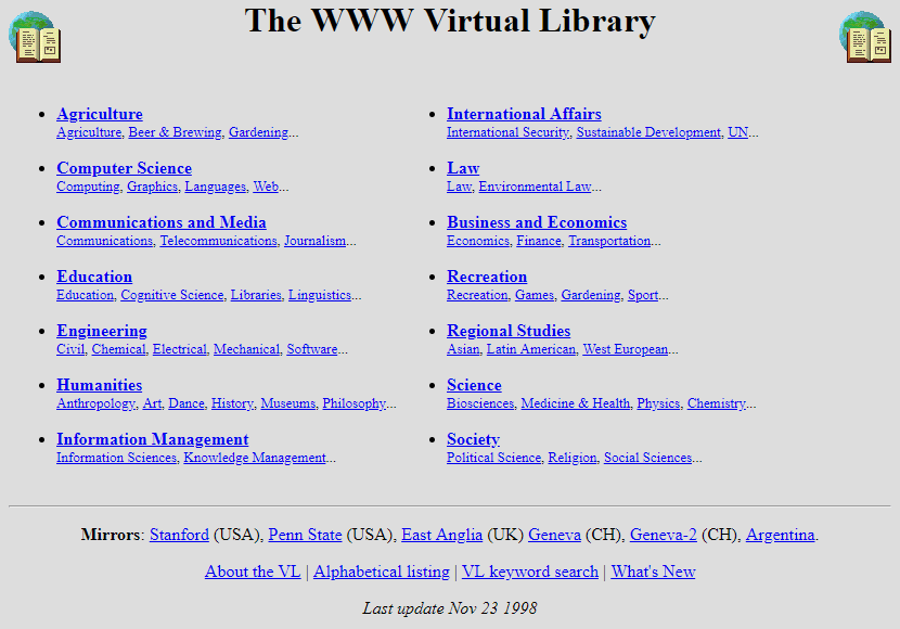 Screenshot of webpage showing many different links -- agriculture and computer science and law, etc. to important pages on the then internet