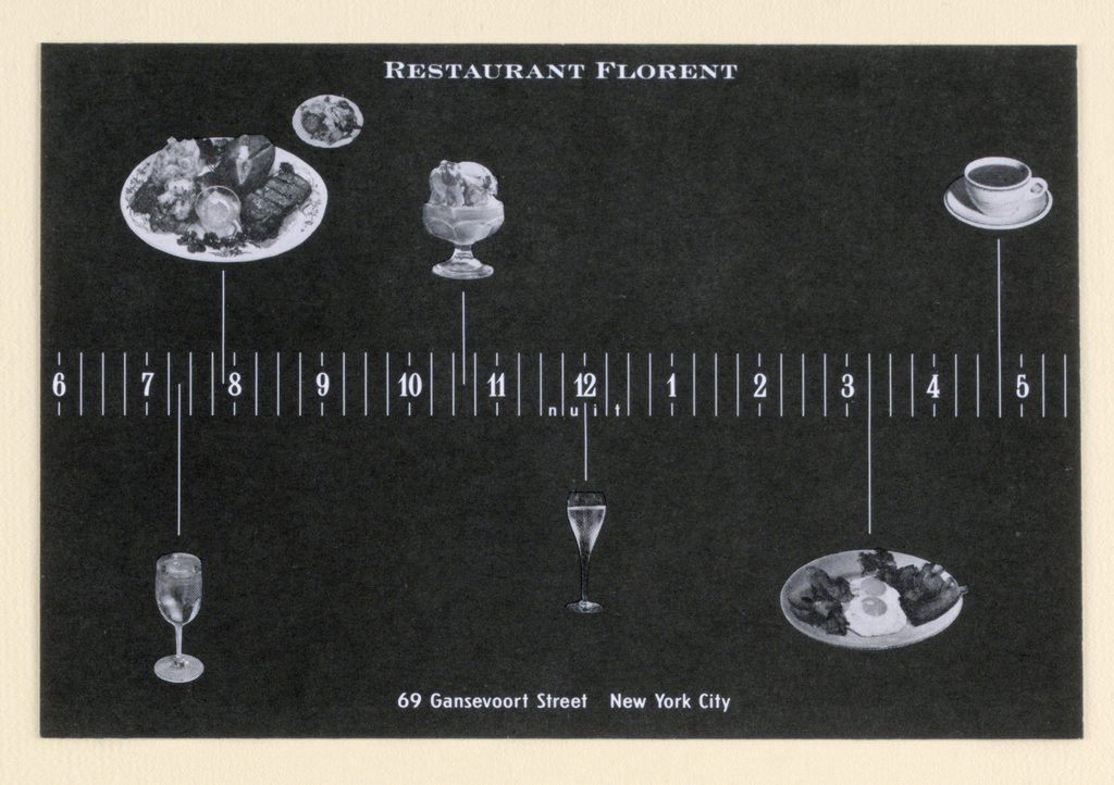 postcard featuring foods and a scale for the restaurant Florent in NYC
