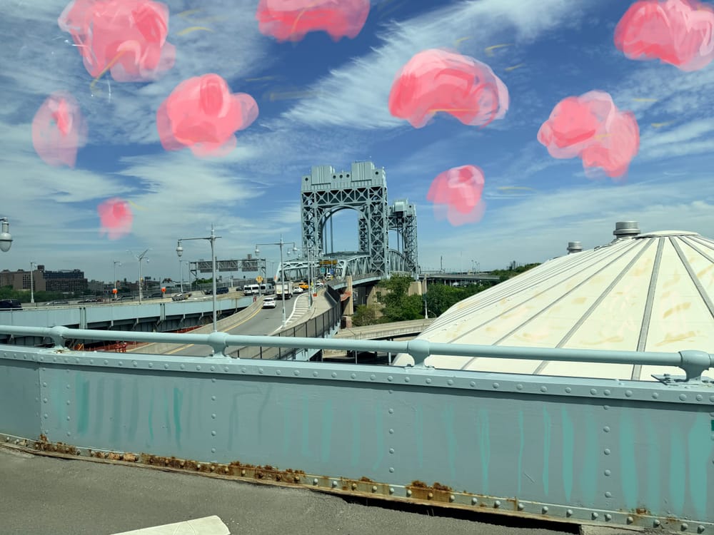 Photo of bridge in New York City with pink clouds drawn on top of sky