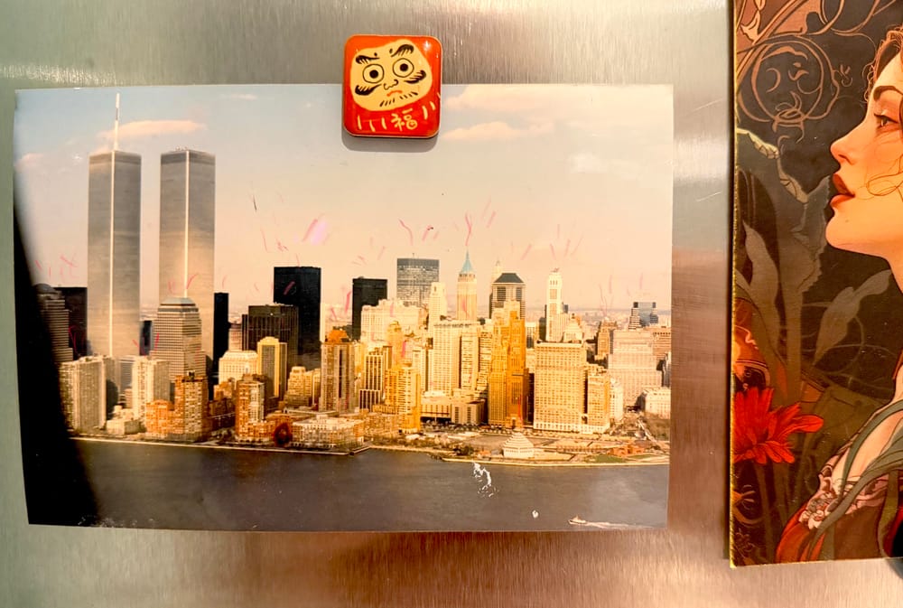 Photo of downtown Manhattan on fridge with an illustration of woman on right