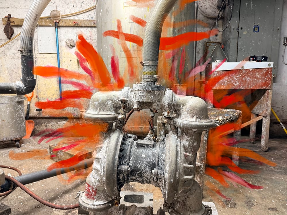 Large industrial machine with drawn flames around it.