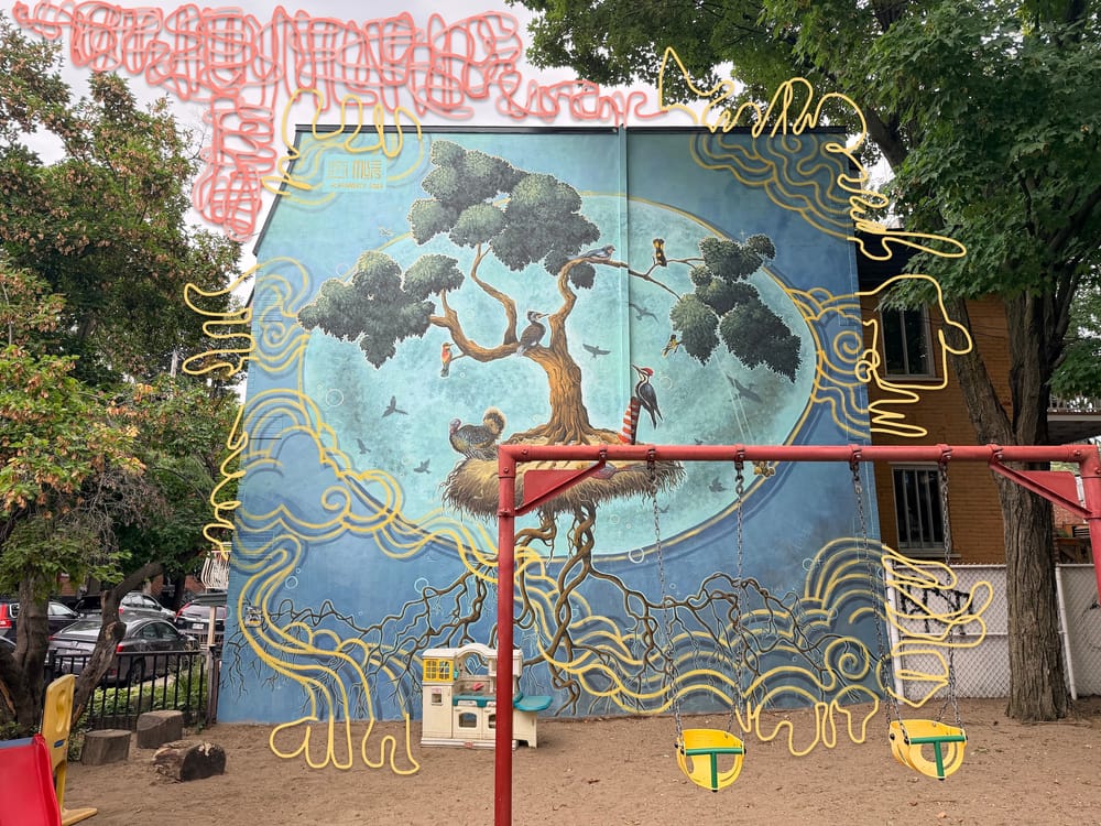 Photo of large mural in Montreal of birds inhabiting trees with squiggles extended from mural to background