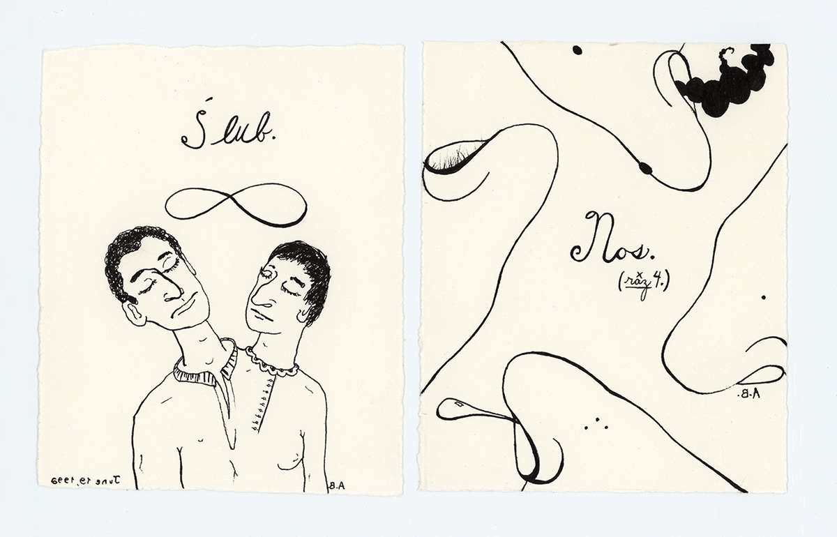 drawings of couple joined and of noses in a pattern