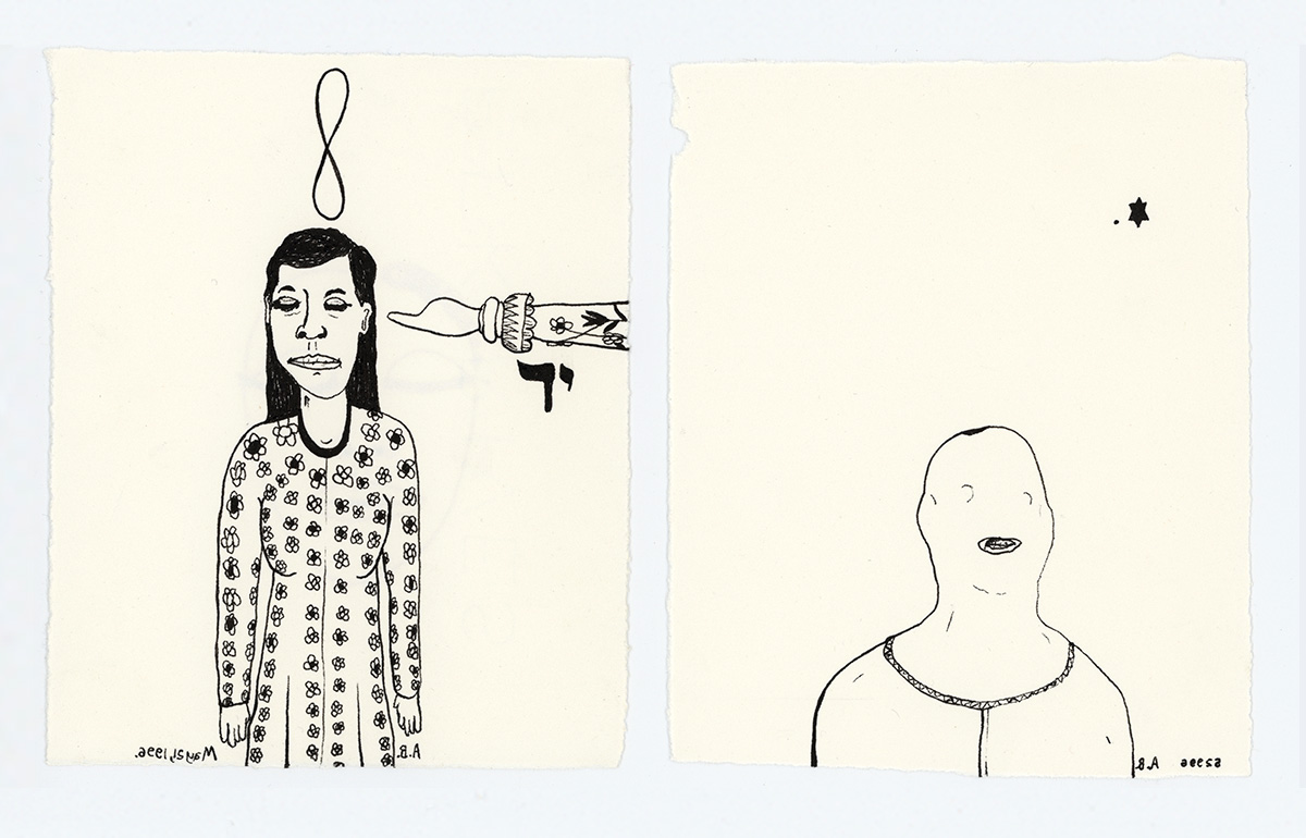 drawing of woman with infinity sign over her and man in hood