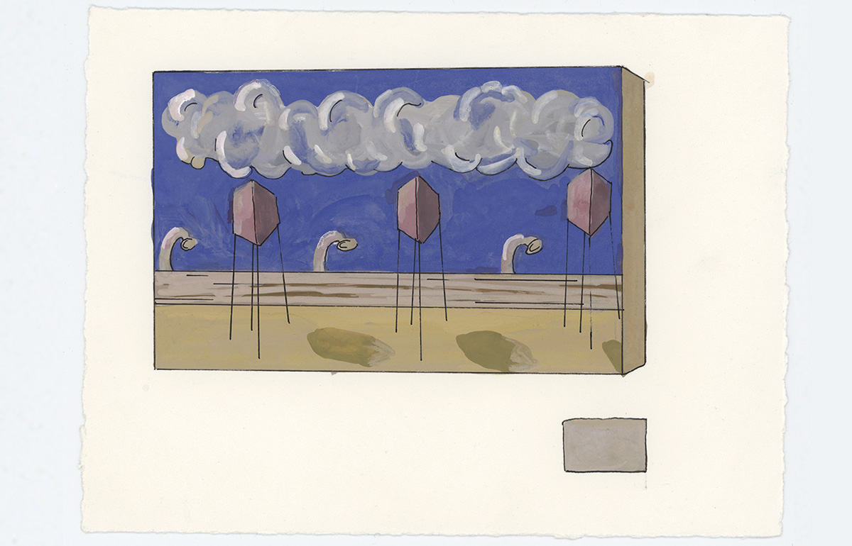 drawing of painting of concentration camp with label on wall