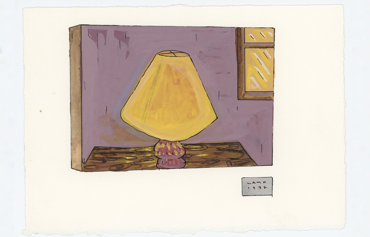 drawing of painting of lamp on table on wall with label