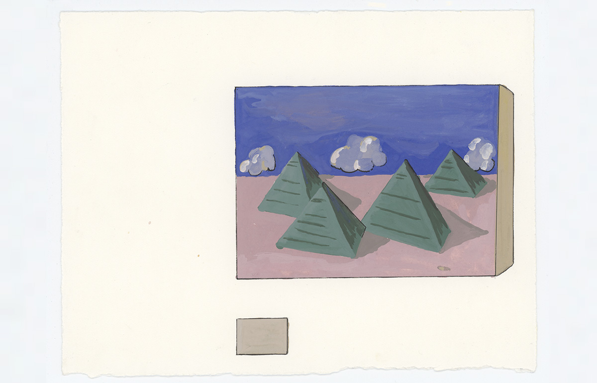 drawing of painting of pyramids with label on wall