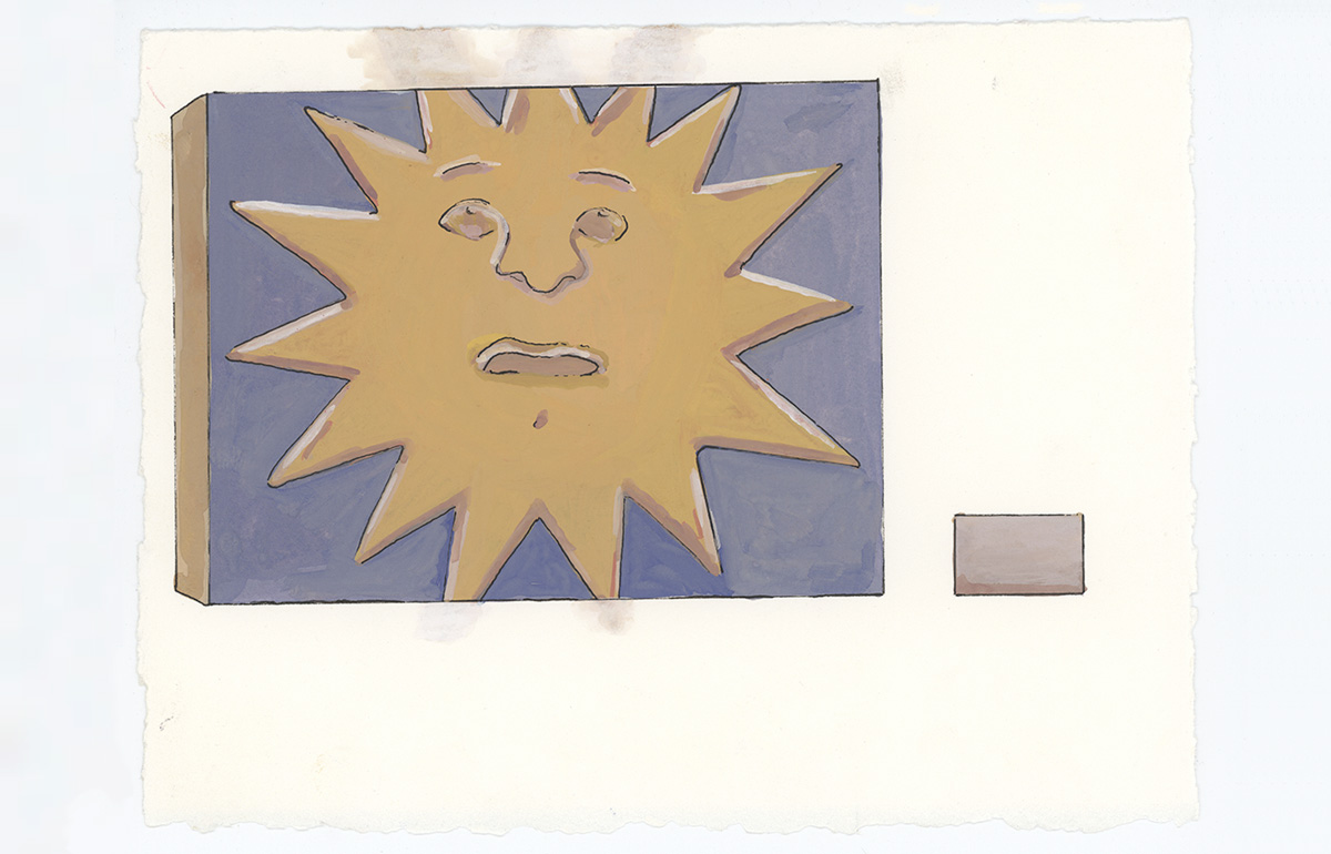 drawing of painting of sun with label on wall