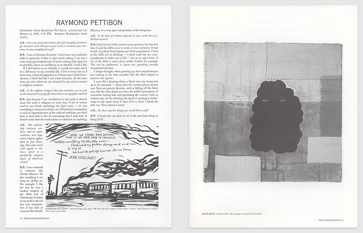 inside spread of interview and work of raymond pettibon and ruth root