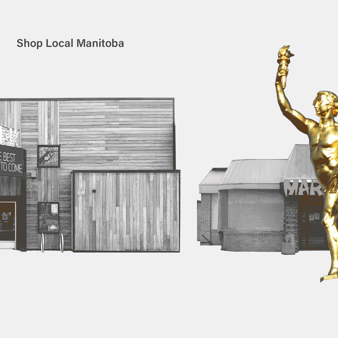 animated GIF of golden boy running by stores on osborne avenue in winnipeg