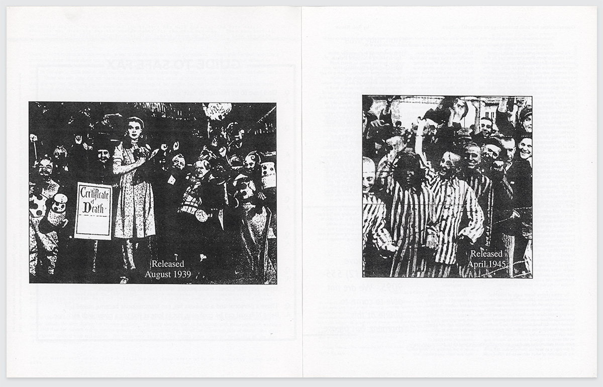 inside spread with Dorothy and munchkins along with photo of the liberation of a concentration camp