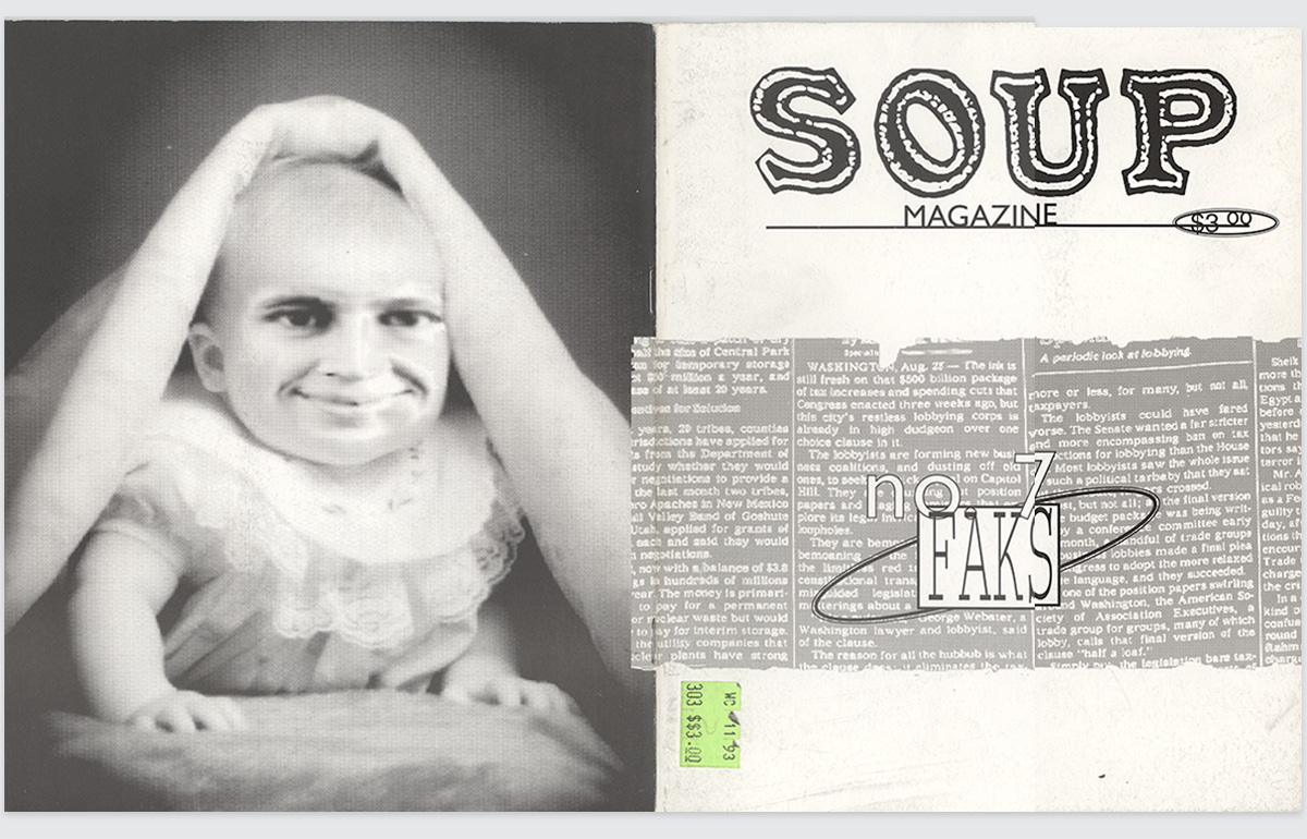 soup magazine cover with the word faks and a strange baby on the back