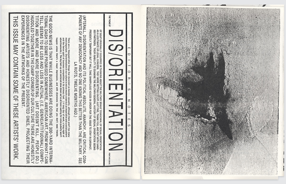 inside spread of magazine with disorientation and black and white photo