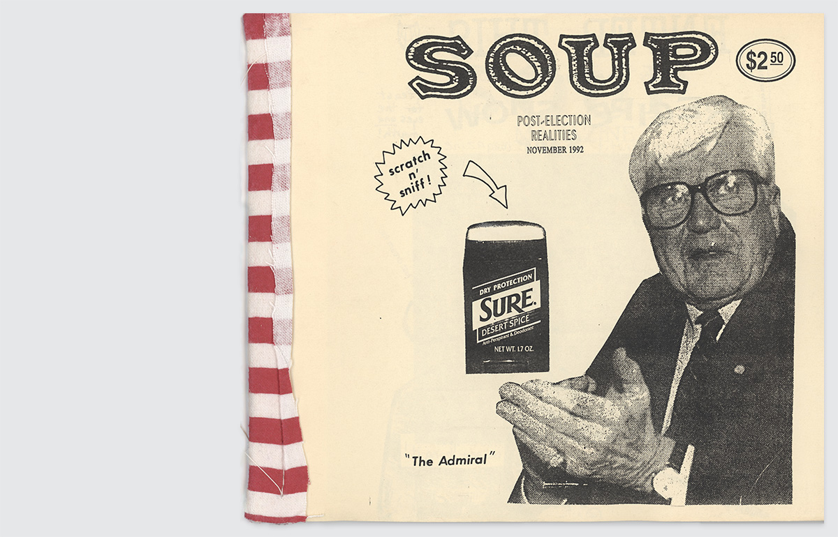 cover of soup magazine showing politician, deodorant and red and white fabric stitching