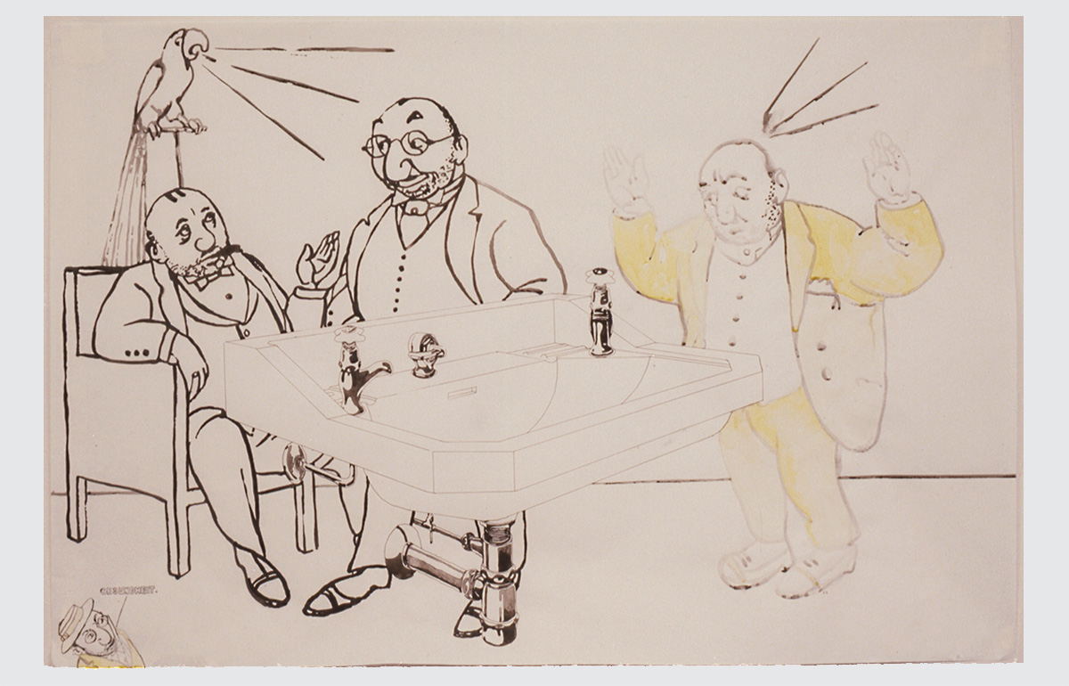 drawing of three men and one is a ghost holding a book