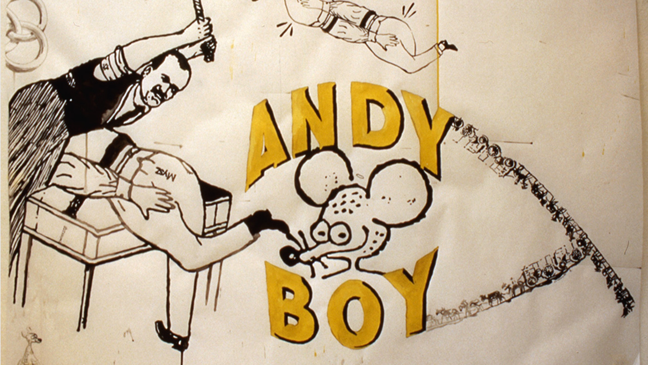 drawing of man and mouse with andy boy in letters