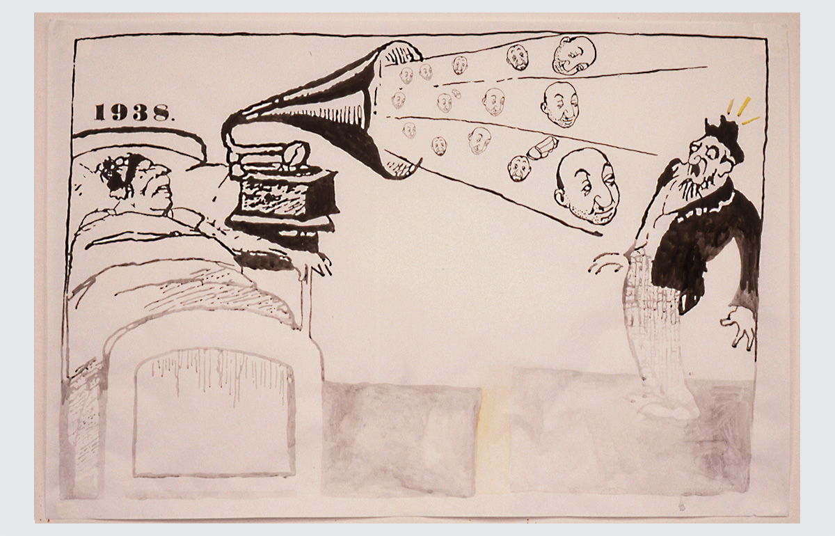 drawing of woman in bed with megaphone and man surprised