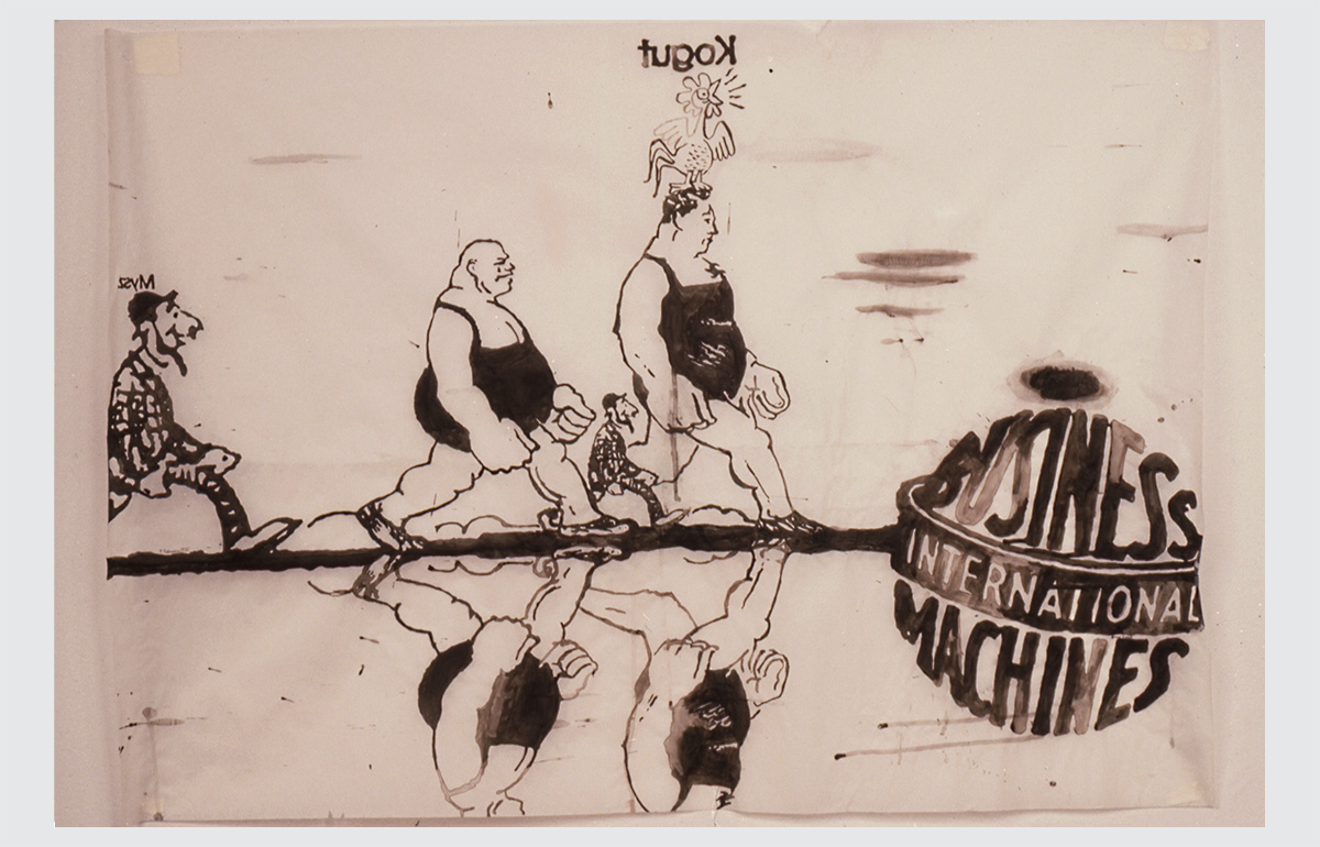 drawing of three men walking along the line towards a globe