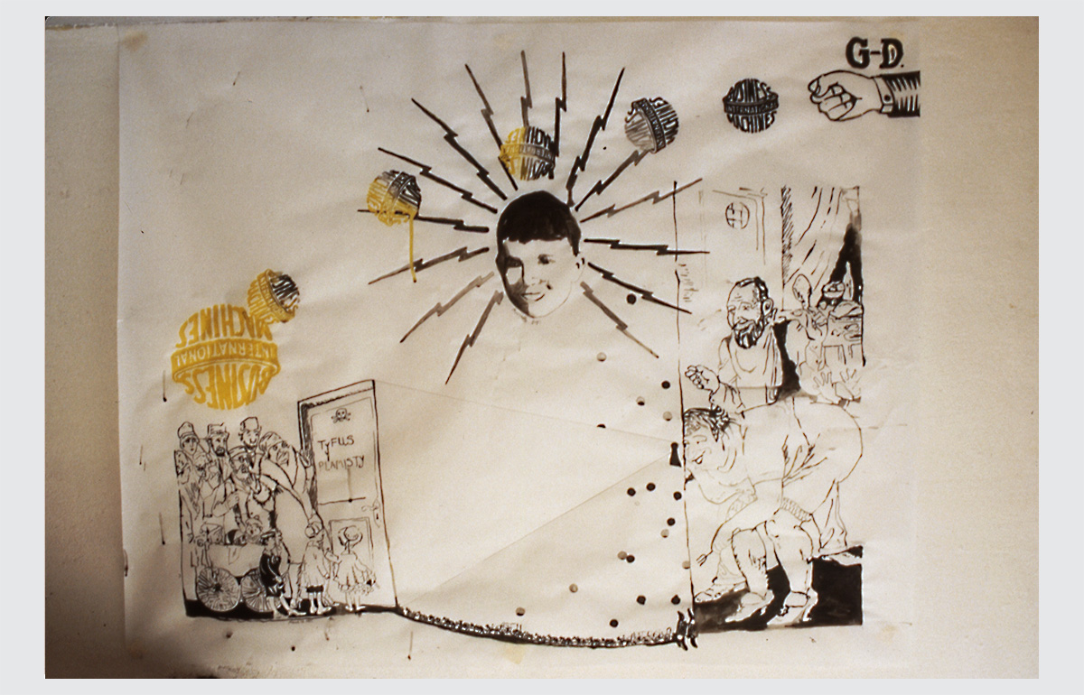 drawing of boy's head with electricity coming out of it and other characters