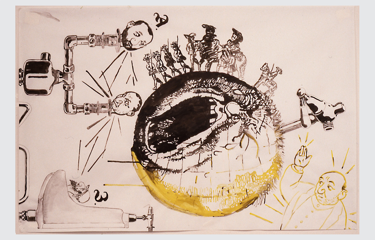 drawing of globe screaming with people around it