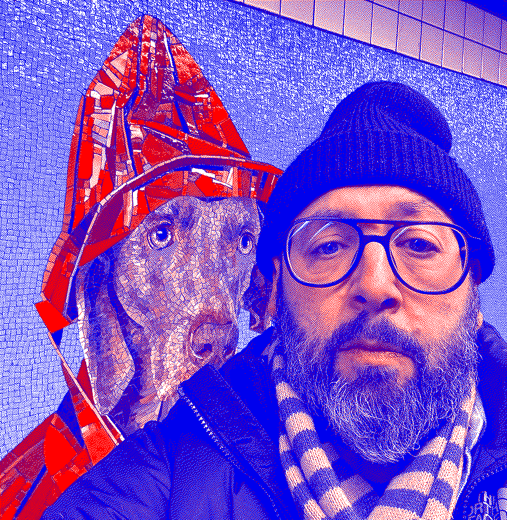 Andrew being watched by a large dog in a mural